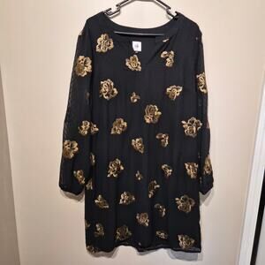Cabi Large The Occasion Dress in Black with Gold Rose Embroidery Swiss Dot Body